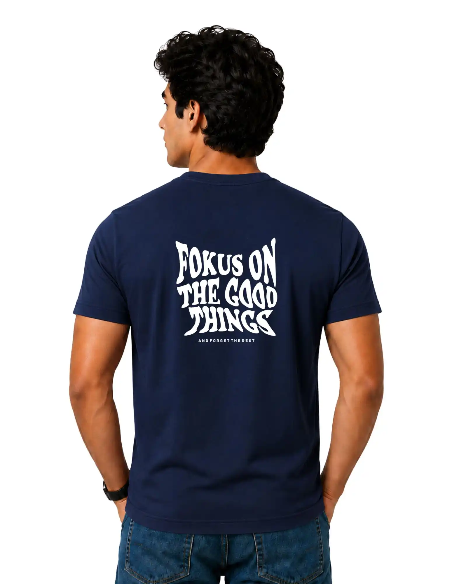 Fokus On The Good Things Cotton Round Neck T-Shirt 180 GSM Navy Blue