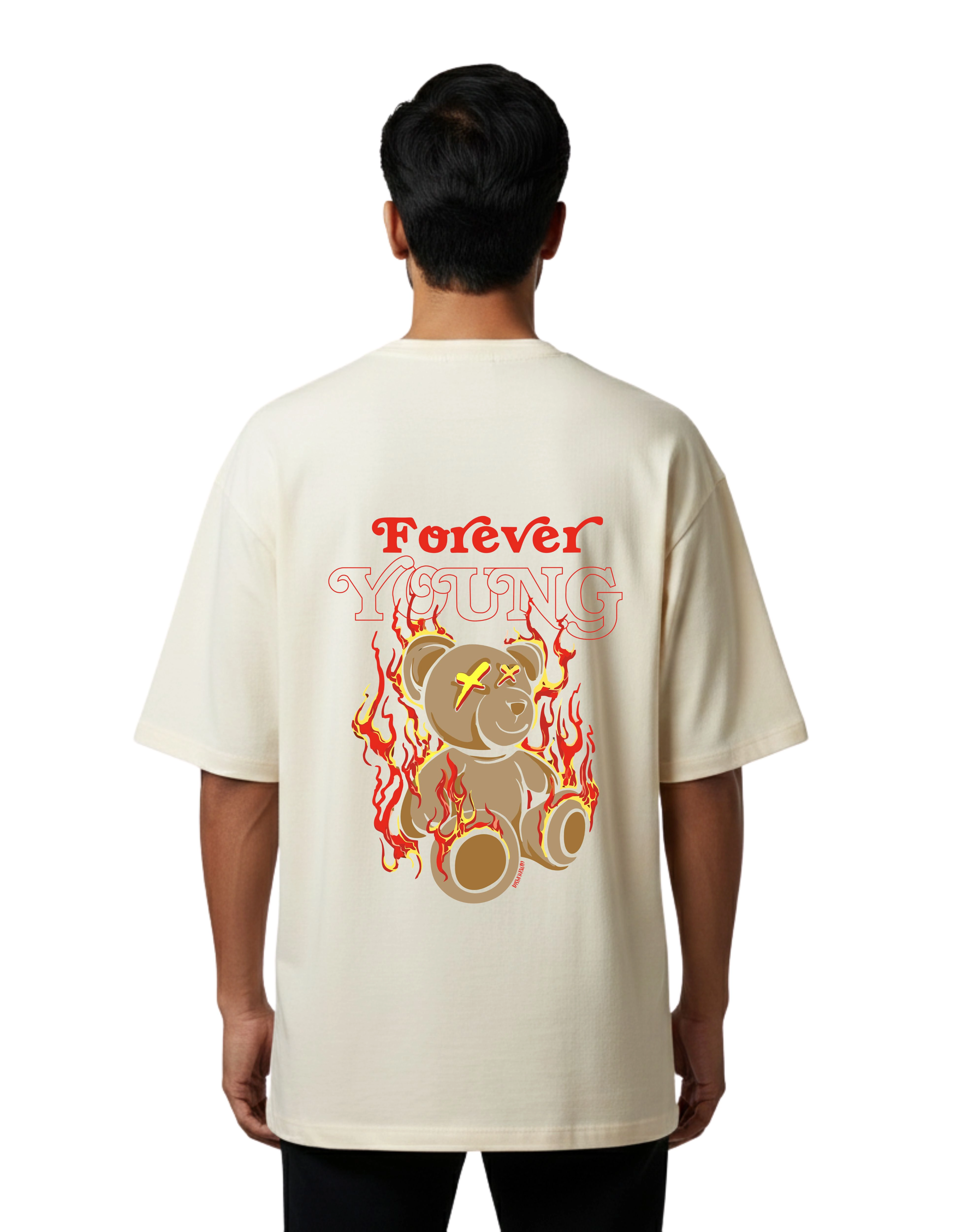 Forever Young Bear Graphic Oversized Cotton French Terry T-Shirt 240 GSM Beige