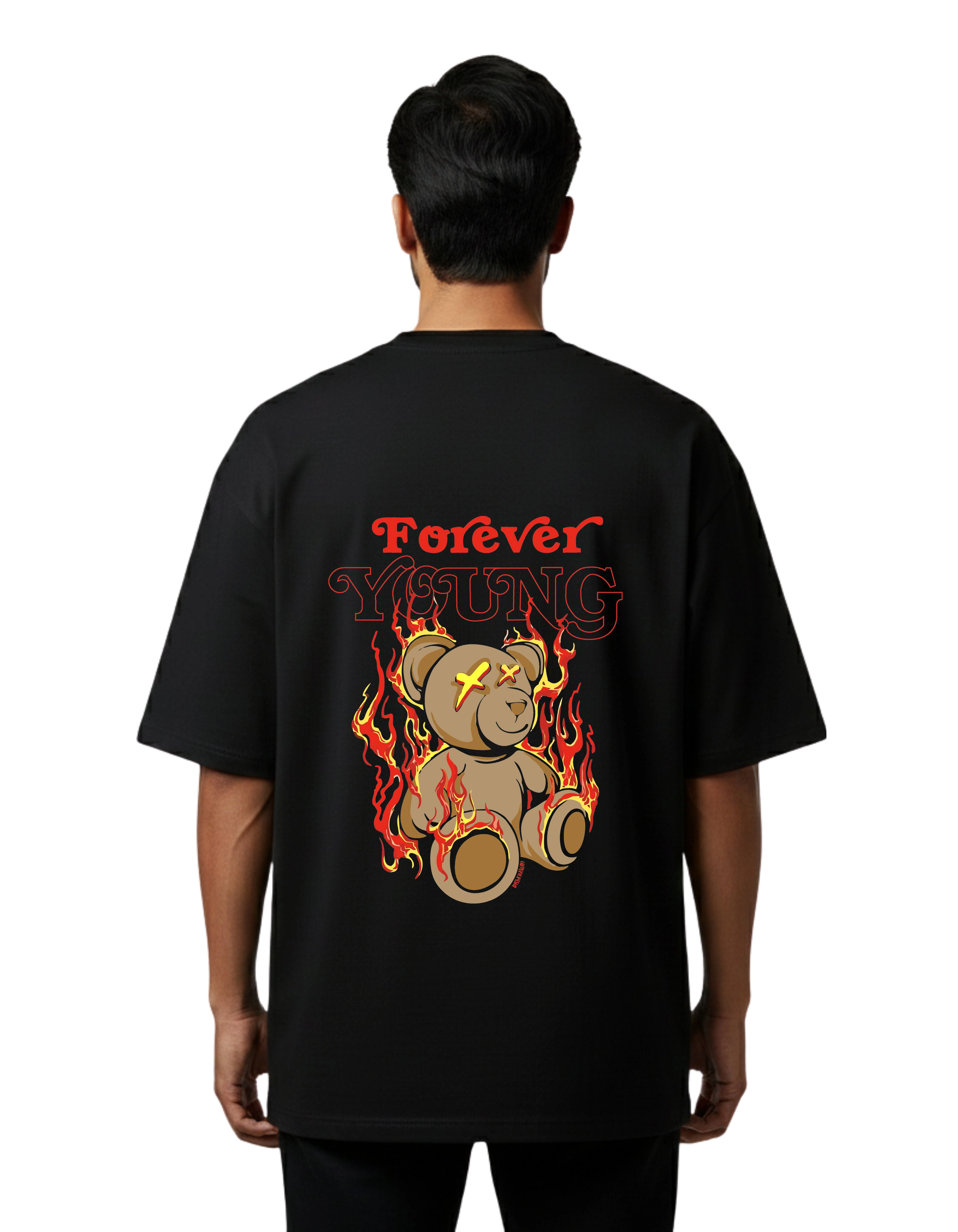 Forever Young Bear Graphic Oversized Cotton French Terry T-Shirt 240 GSM Black