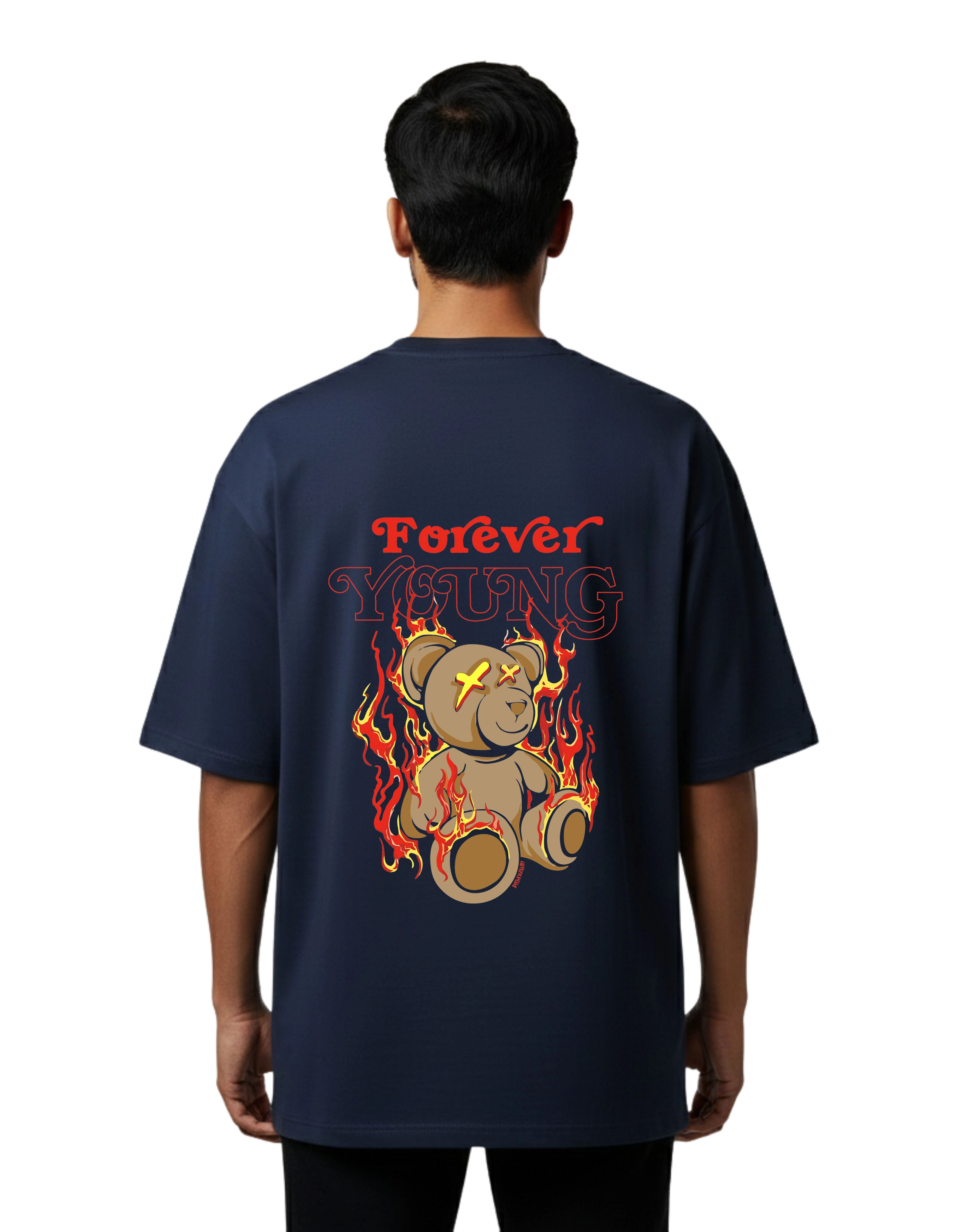 Forever Young Bear Graphic Oversized Cotton French Terry T-Shirt 240 GSM Navy Blue