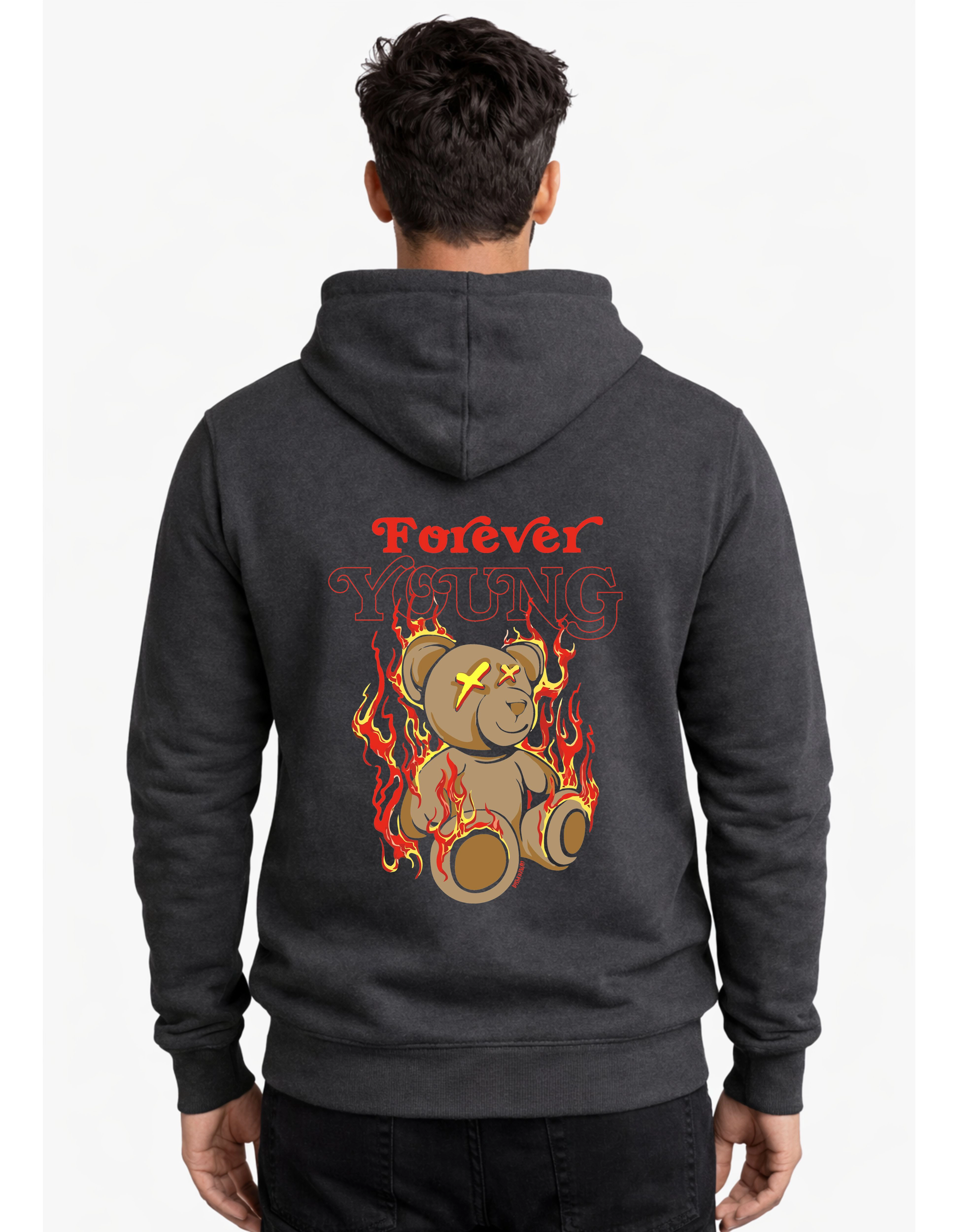  Forever Young Bear Graphic Polycotton Hoodie Without Zipper 300 GSM Charcoal