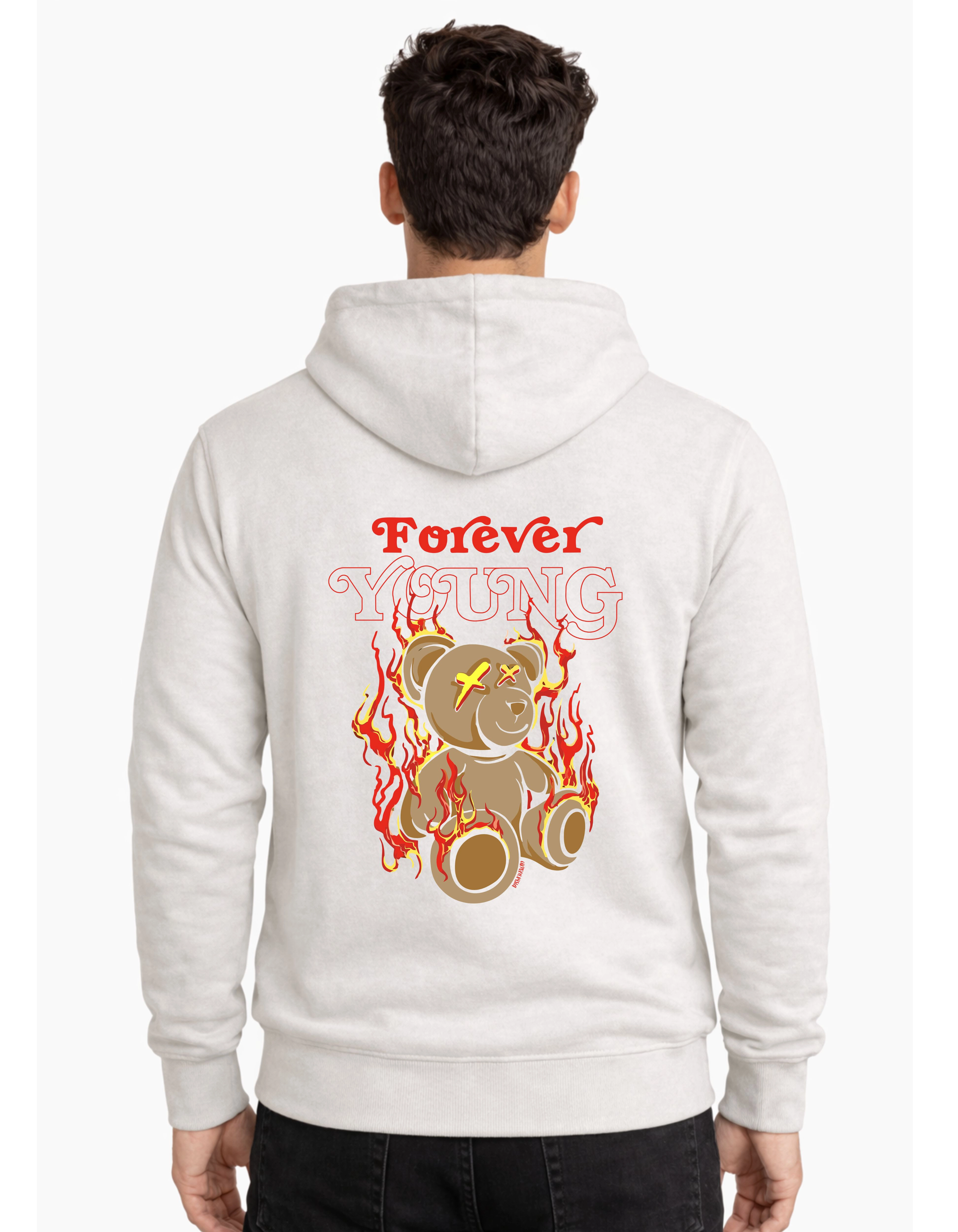 Forever Young Bear Graphic Polycotton Hoodie Without Zipper 300 GSM Half White