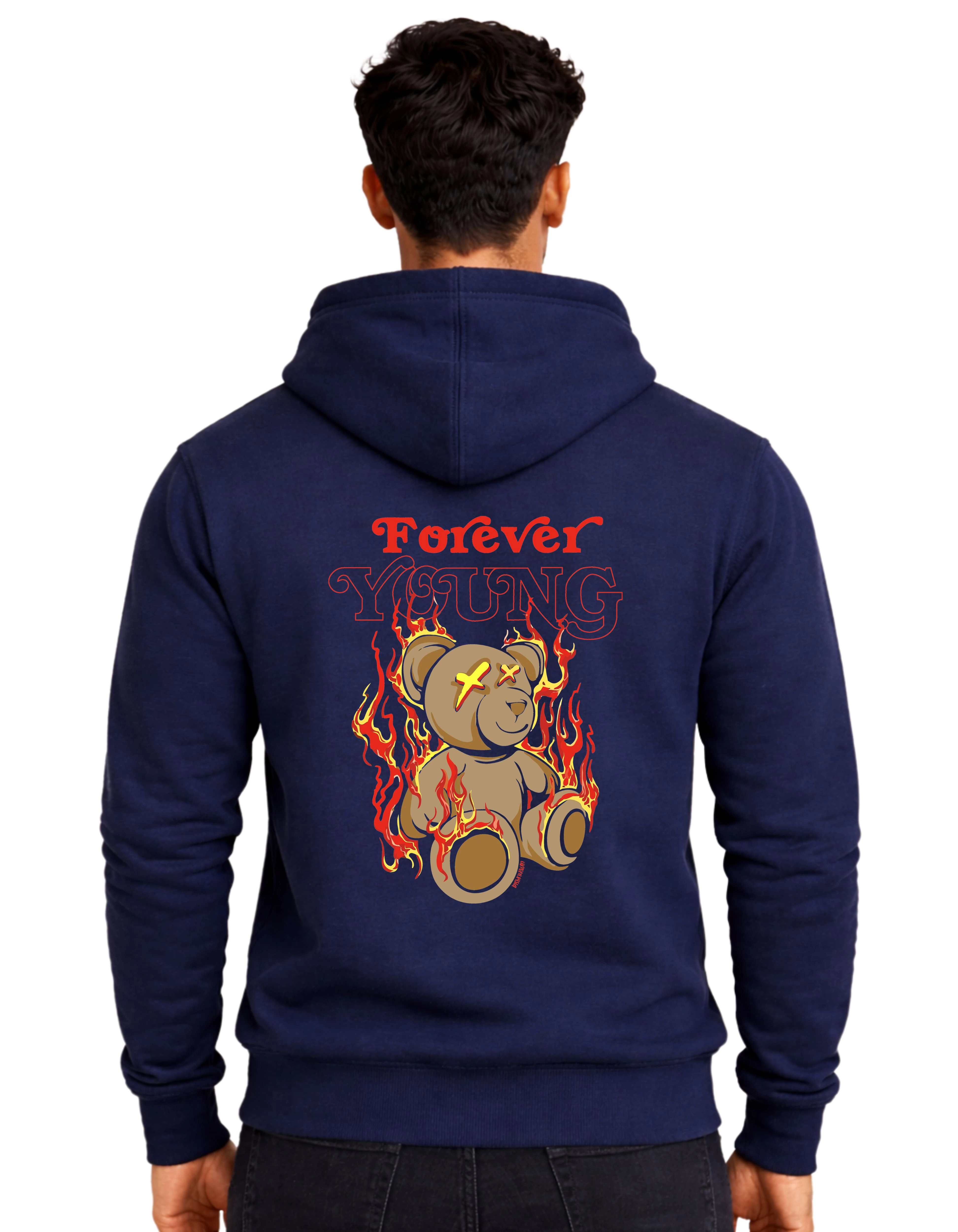 Forever Young Bear Graphic Polycotton Hoodie Without Zipper 300 GSM Navy Blue