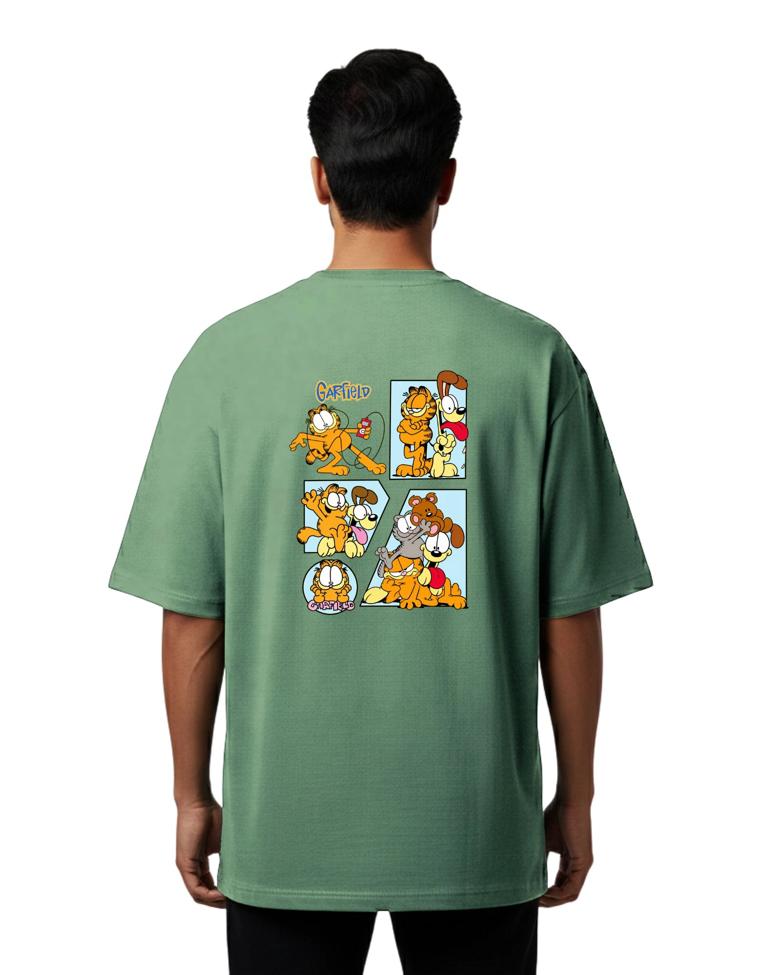 Garfield Comic Oversize Cotton French Terry T-Shirt 240 GSM D Green