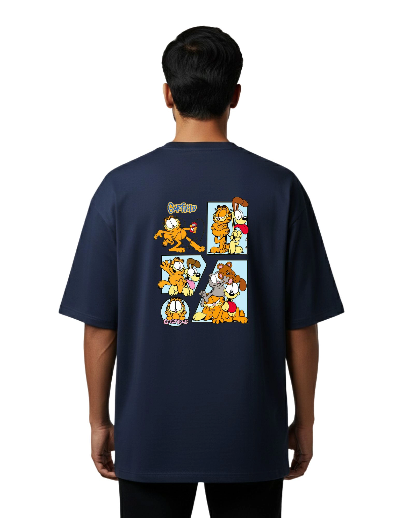 Garfield Comic Oversize Cotton French Terry T-Shirt 240 GSM Navy Blue