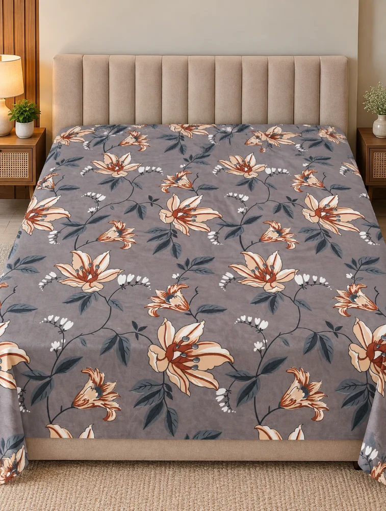 Gery Cotton Printed Double Bed King Size Bedsheet