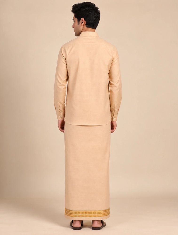 Gold Mens Premium Plain Tissue Silk Shirt and Dhoti Set
