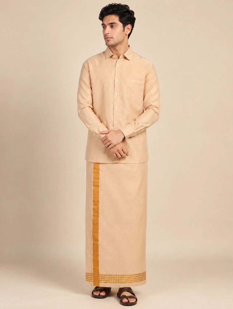 Gold Mens Premium Plain Tissue Silk Shirt and Dhoti Set