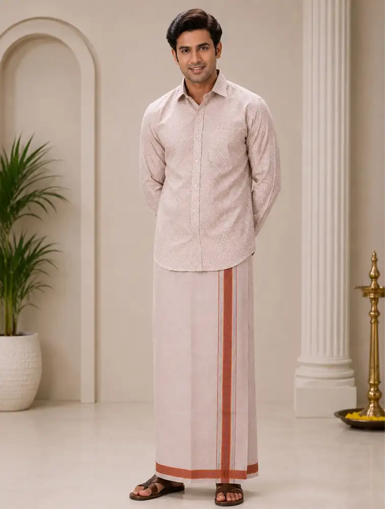 Gold Mens Festival Wear Tissue Embossed Gold Shirt and Dhoti Set