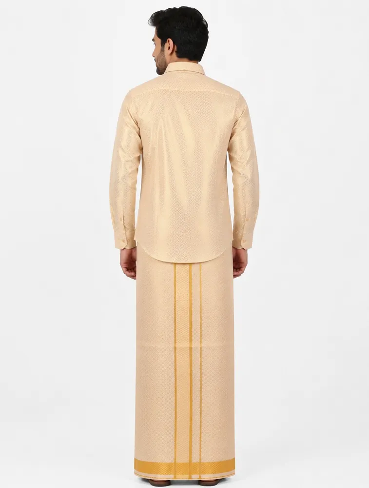 Gold Mens Festival Wear Tissue Embossed Gold Shirt and Dhoti Set — bulk from ₹1113