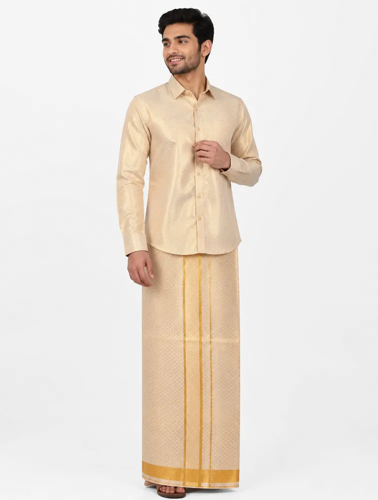 Gold Mens Festival Wear Tissue Embossed Gold Shirt and Dhoti Set — bulk from ₹1113