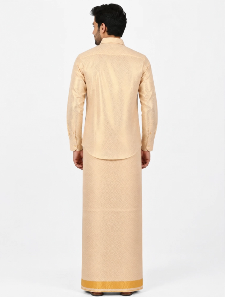 Gold Mens Festival Wear Tissue Embossed Gold Shirt and Dhoti Set