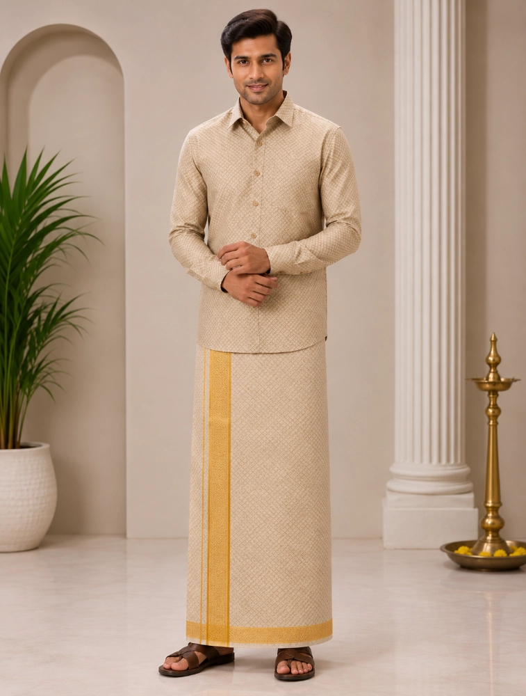 Gold Mens Premium Tissue Embossed Printed Shirt and Dhoti Sets