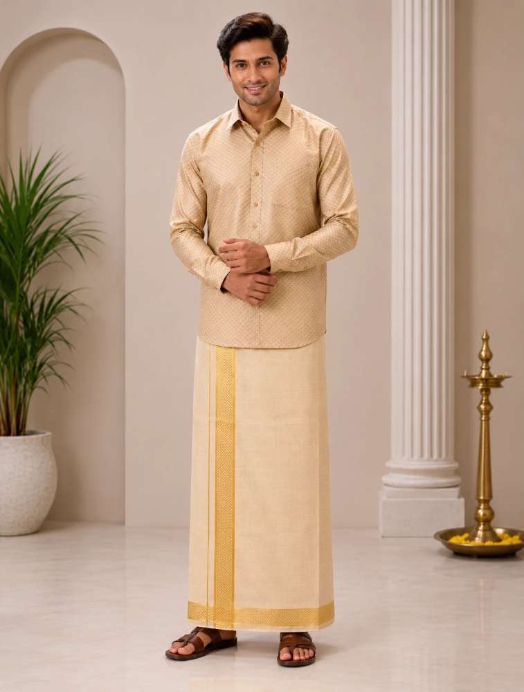 Gold Mens Special Tissue Embossed Printed Shirt and Dhoti Sets