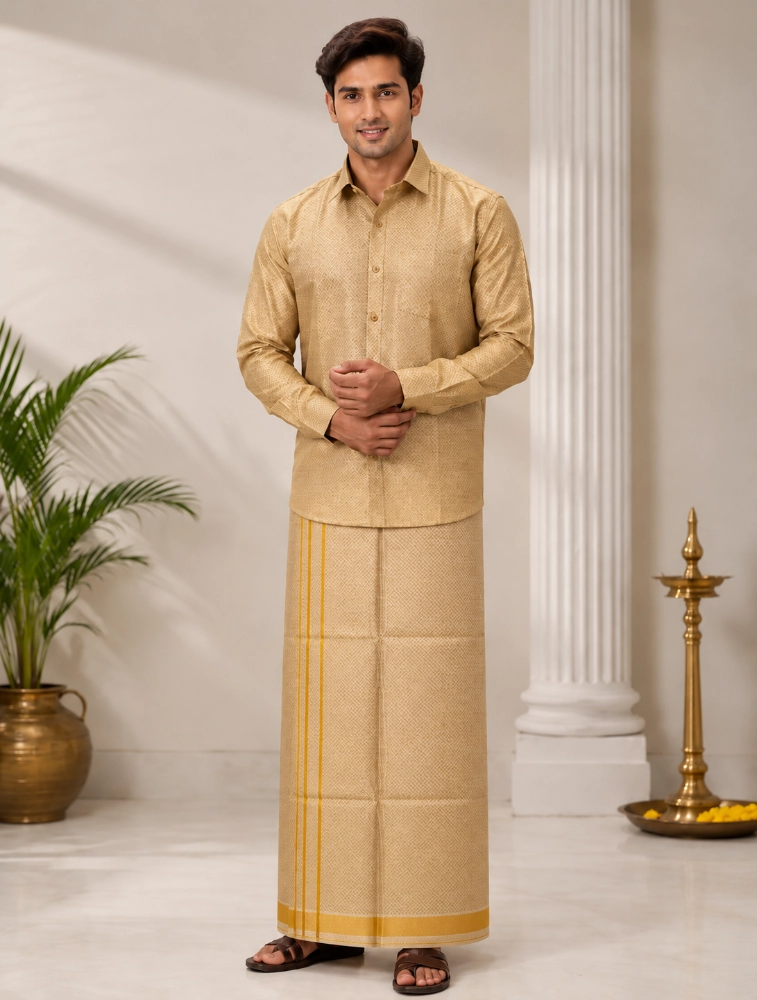 Gold Mens Special Tissue Embossed Shirt and Dhoti Set