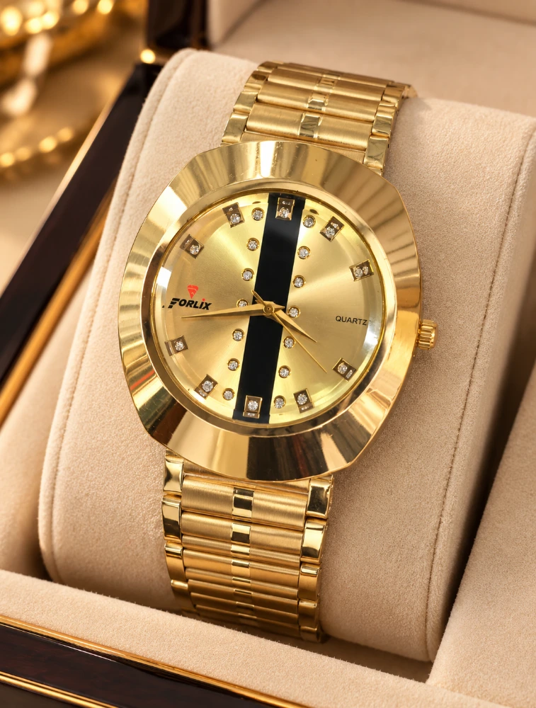 Gold Mens Stainless Steel Day and Date Analog Watch 