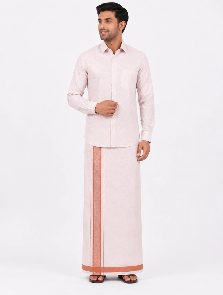 Light Blush Pink Mens Tissue Embossed Copper Shirt and Dhoti Set