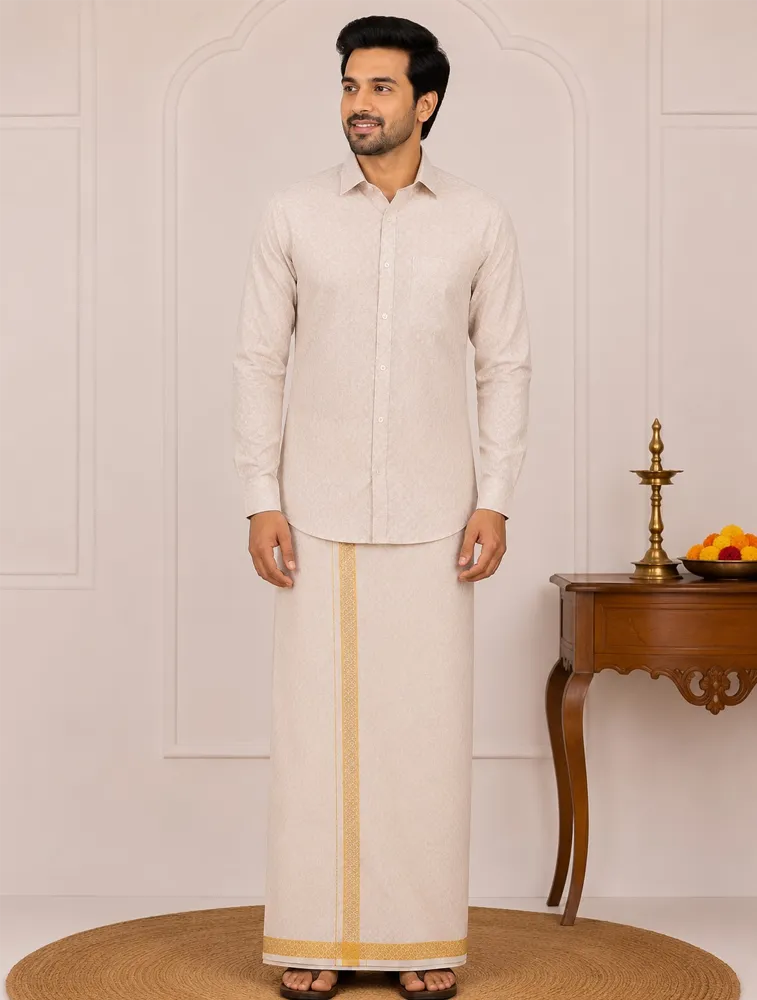 Gold Mens Tissue Embossed Gold Shirt and Dhoti Set — bulk from ₹1113