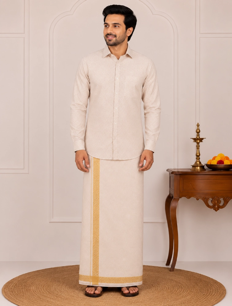 Gold Mens Tissue Embossed Gold Shirt and Dhoti Set