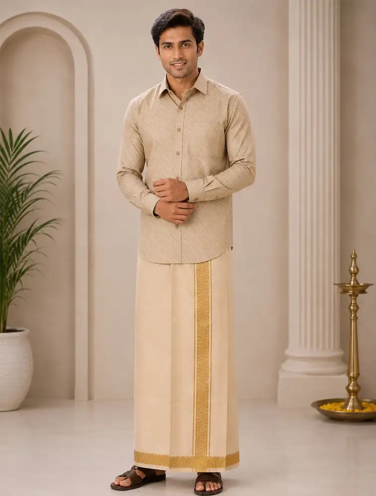Gold Mens Traditional Tissue Embossed Gold Shirt and Dhoti Set