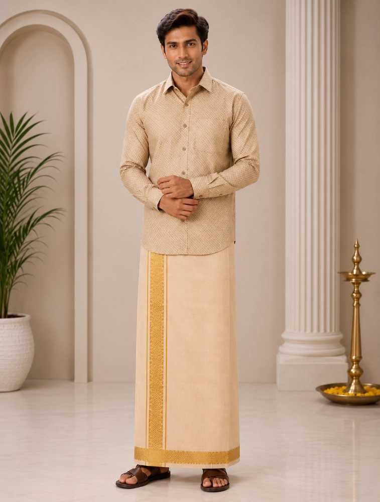 Gold Mens Traditional Tissue Embossed Gold Shirt and Dhoti Set
