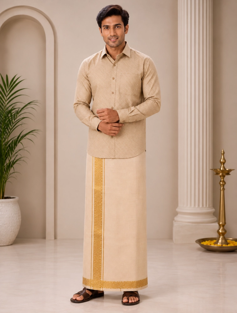 Gold Mens Traditional Tissue Embossed Printed Shirt and Dhoti Sets