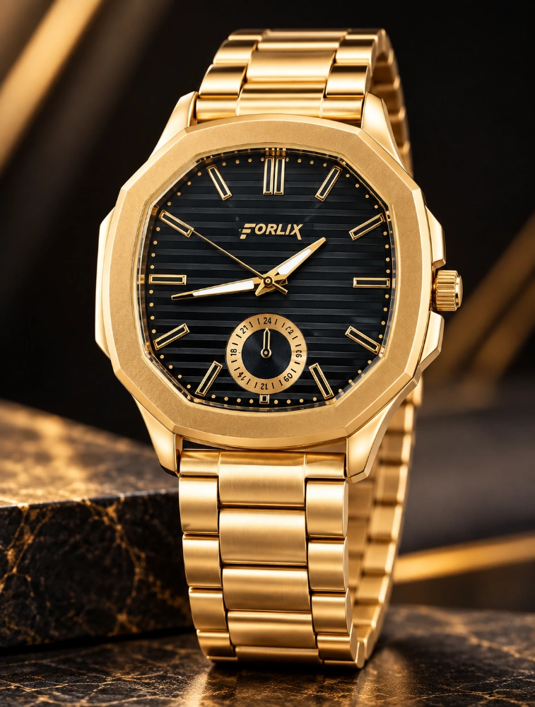 Gold With Black Dial Mens Crest Analog Watch