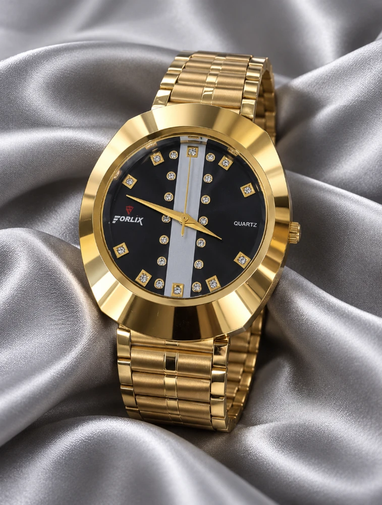 Gold With Black Mens Stainless Steel Day and Date Analog Watch