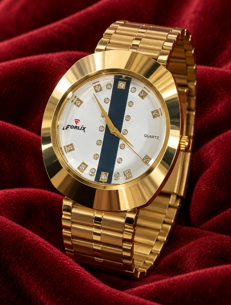 Gold With White Mens Stainless Steel Day and Date Analog Watch