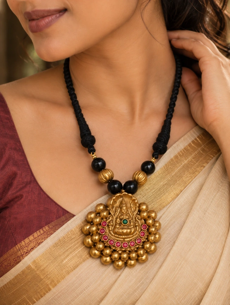 Gold and Black Antique Gold Finish Lakshmi Pendant Terracotta Jewellery Set