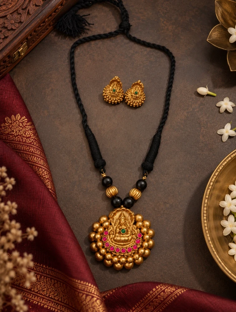 Gold and Black Antique Gold Finish Lakshmi Pendant Terracotta Jewellery Set      