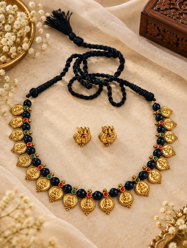 Gold and Black Bead Terracotta Jewellery Set