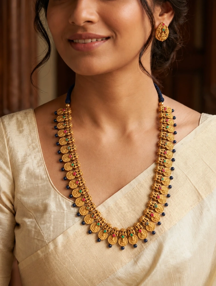 Gold and Black Long Haram In Lakshmi Design Terracotta Jewellery Set    