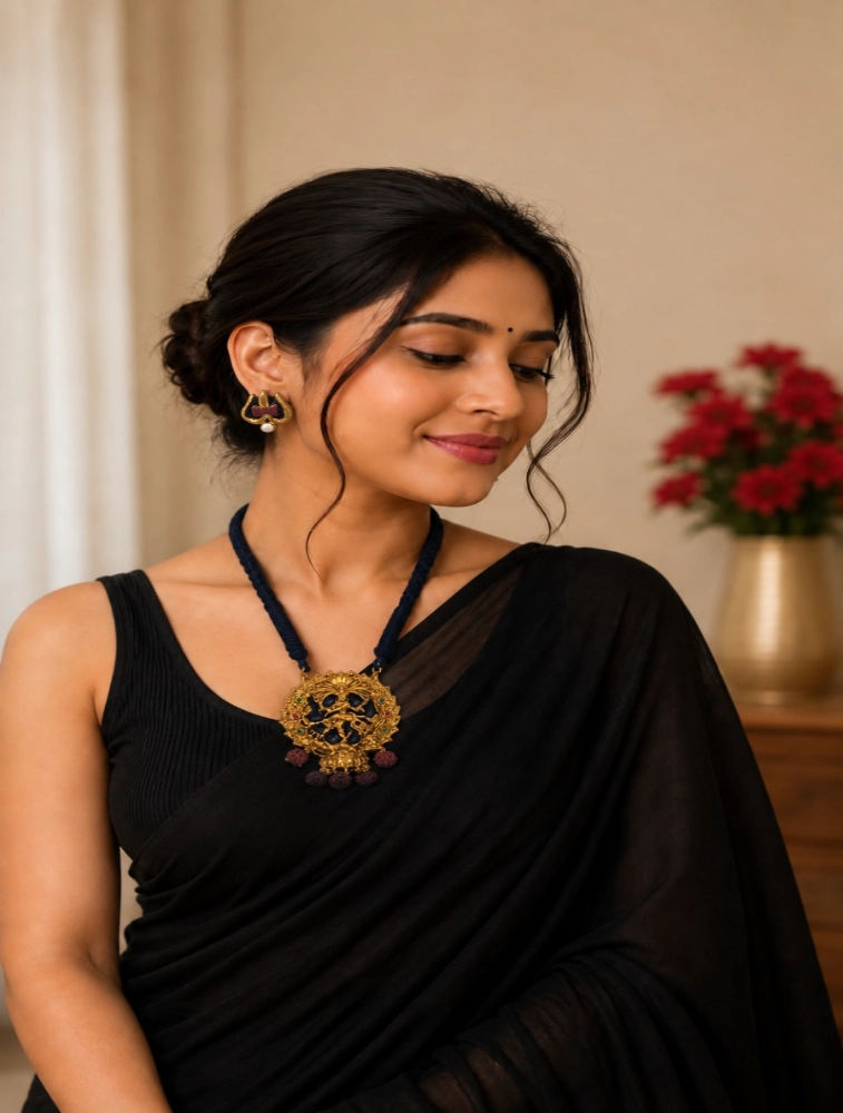 Gold and Black Natraj Pendant Rope Terracotta Jewellery Set