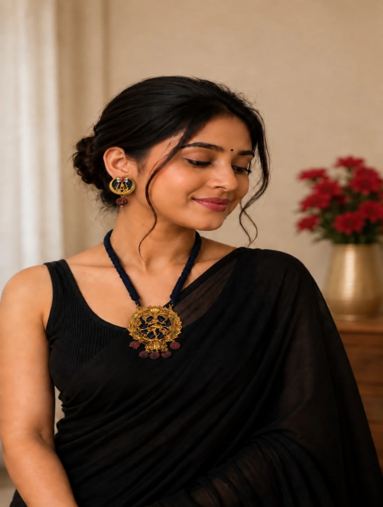 Gold and Black Natraj Pendant Rope Terracotta Jewellery Set
