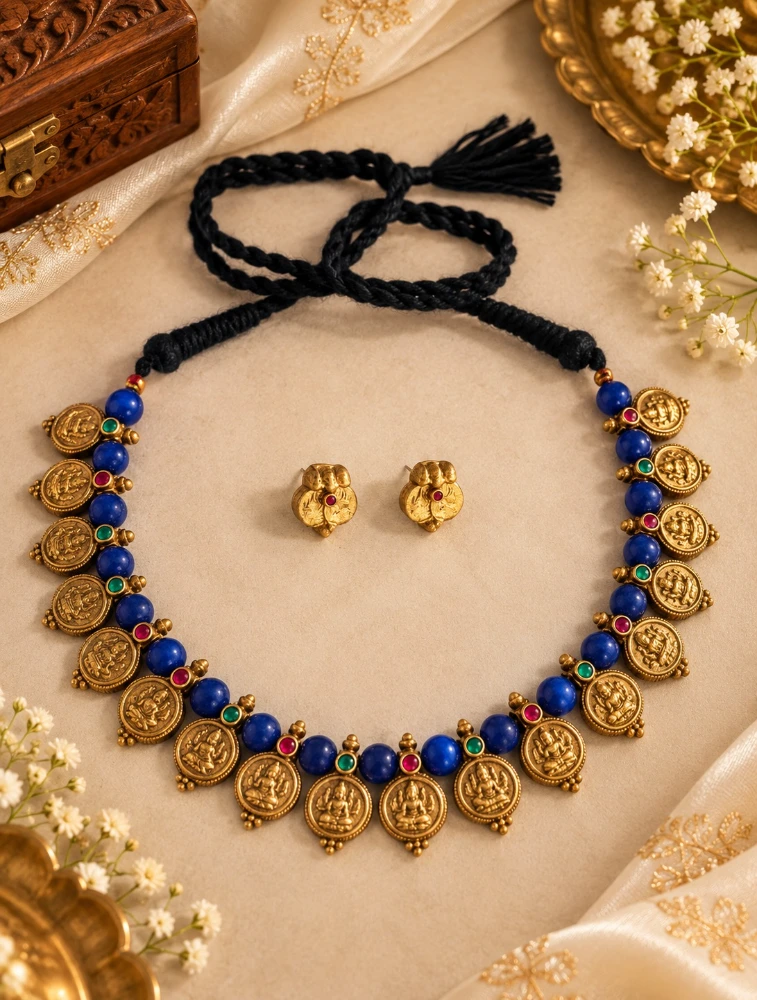 Gold and Blue Bead Terracotta Jewellery Set