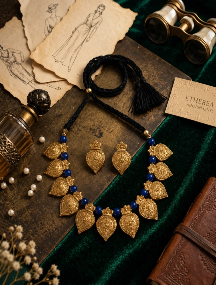 Gold and Blue Bhoomi Neela Terracotta Jewellery Set