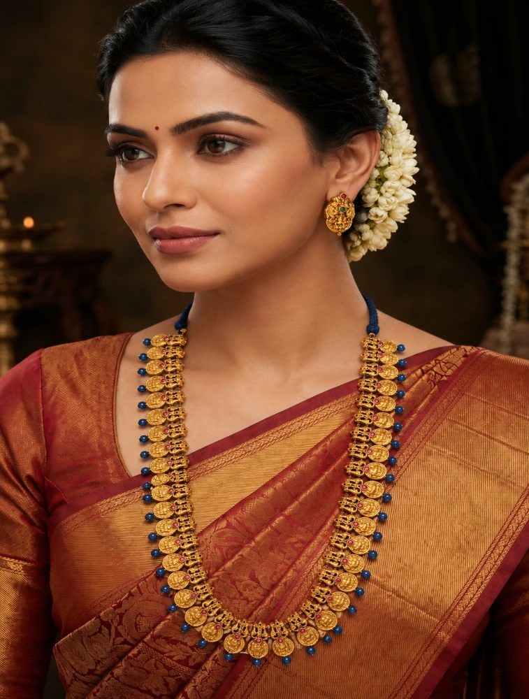 Gold and Blue Long Haram In Lakshmi Design Terracotta Jewellery Set   
