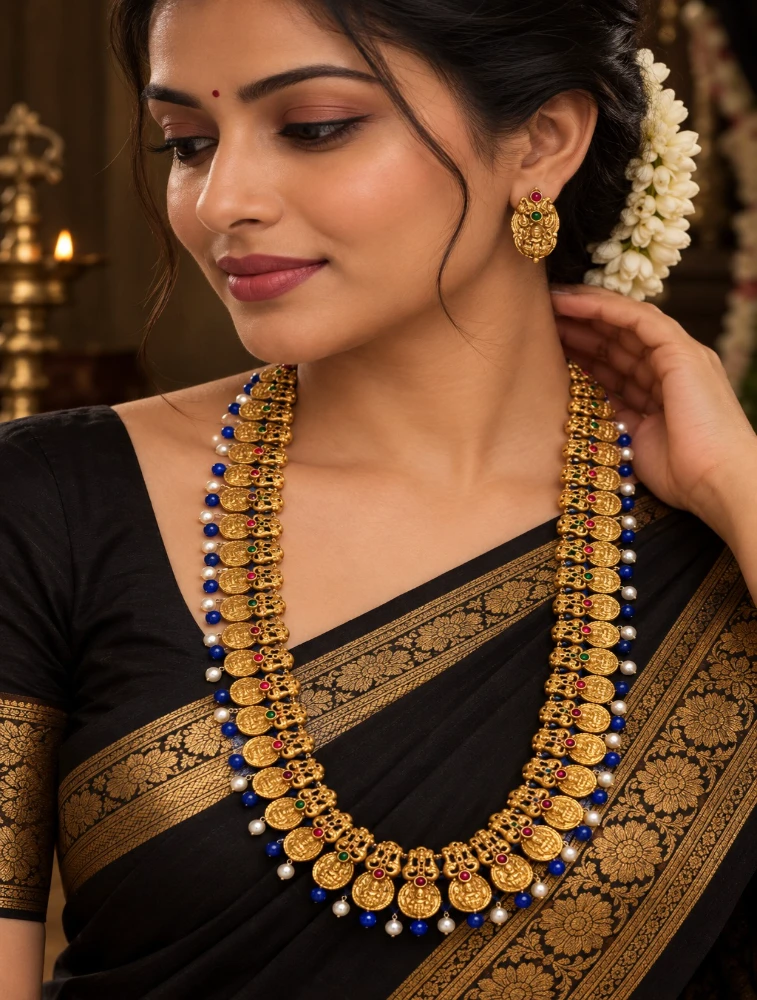 Gold and Blue Long Haram In Lakshmi Design Terracotta Jewellery Set     