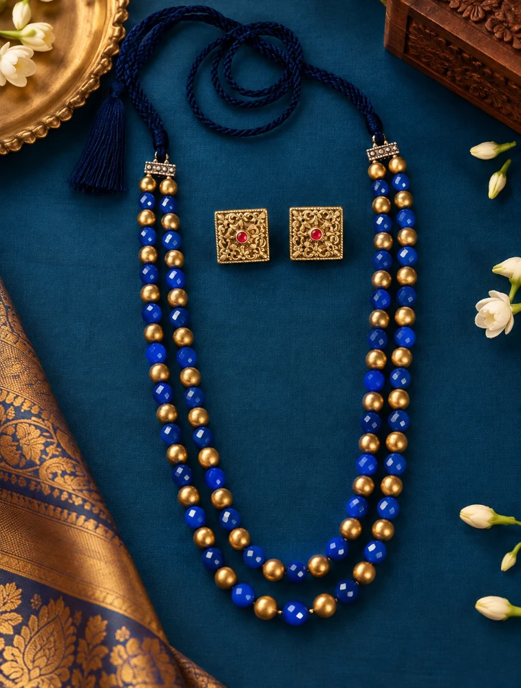 Gold and Blue Terracotta Beaded Necklace Set