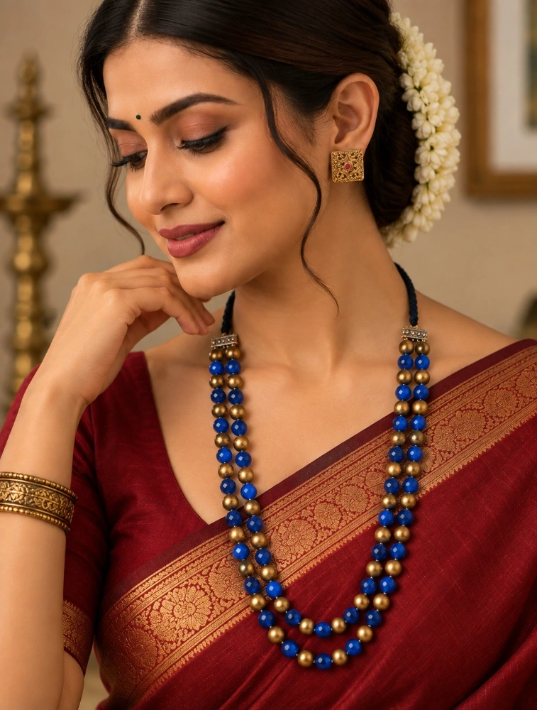 Gold and Blue Terracotta Beaded Necklace Set