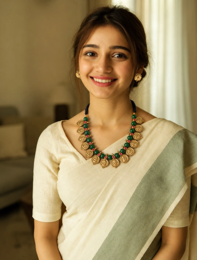 Gold and Green Bead Terracotta Jewellery Set   