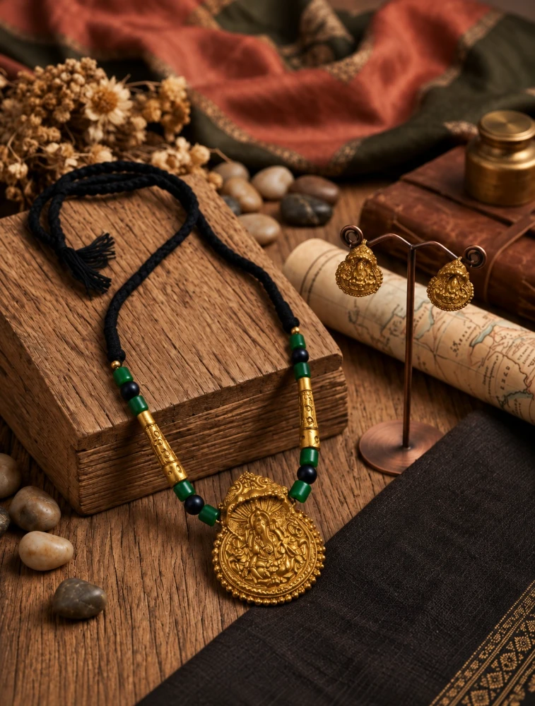 Gold and Green Handmade Lord Ganesha Pendant Terracotta Jewellery Set