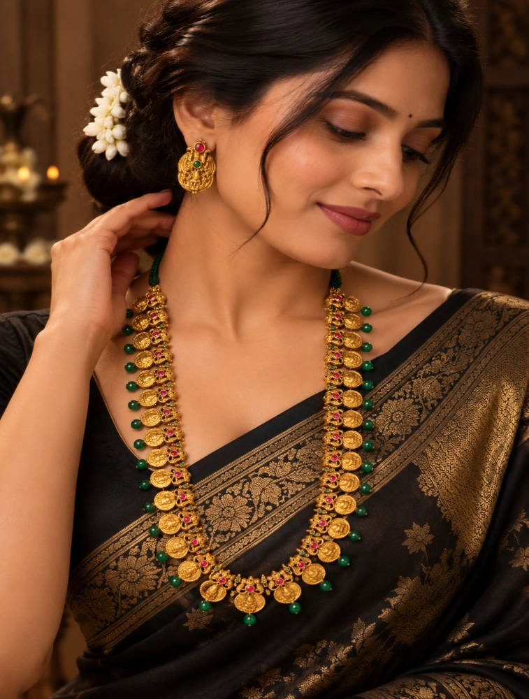 Gold and Green Long Haram In Lakshmi Design Terracotta Jewellery Set  