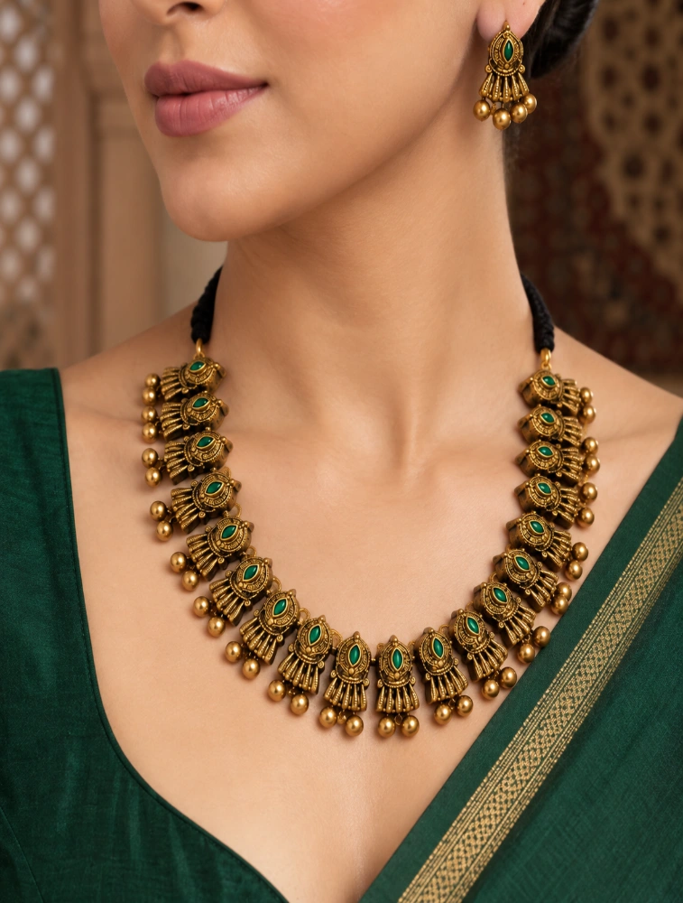 Gold and Green Peacock Motifs Hand Painted Terracotta Jewellery Set