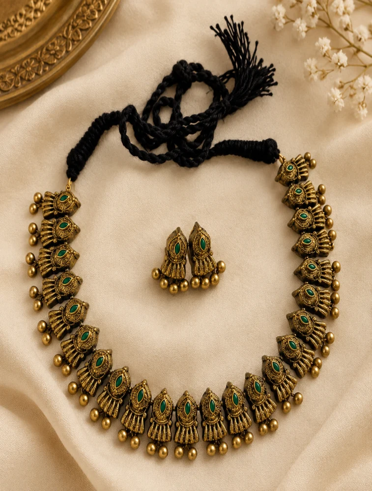 Gold and Green Peacock Motifs Hand Painted Terracotta Jewellery Set
