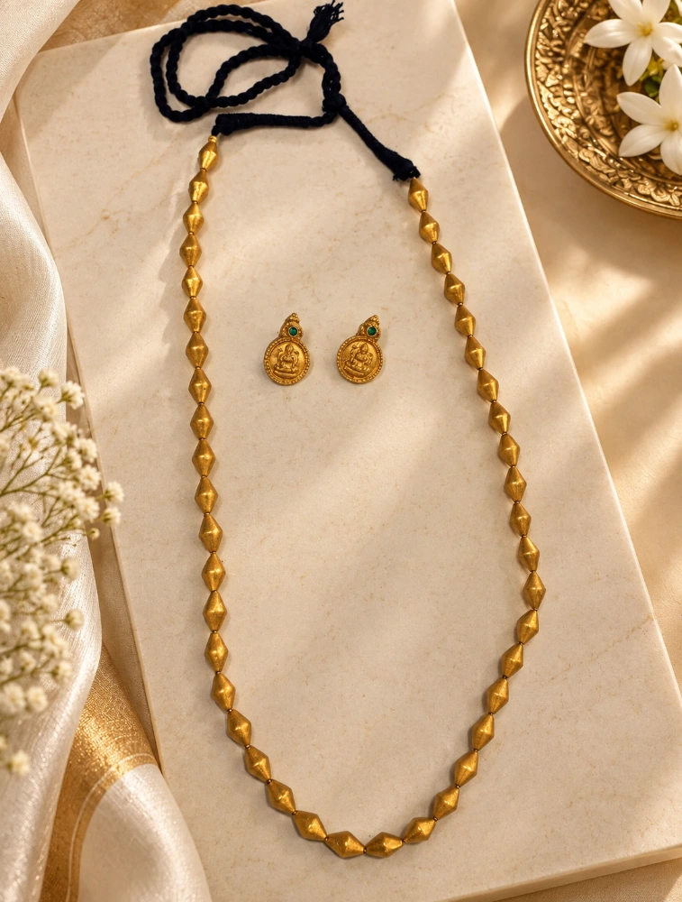 Gold and Green Sadabahar Dholki Bead Thread Terracotta Jewellery Set