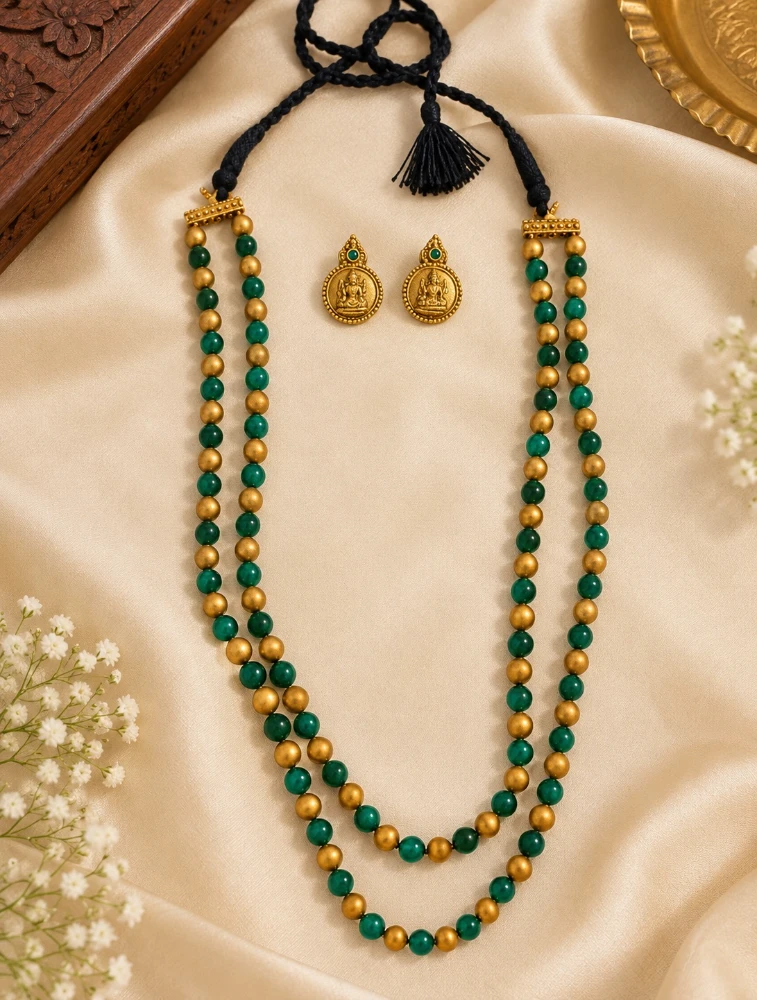 Gold and Green Terracotta Beaded Necklace Set