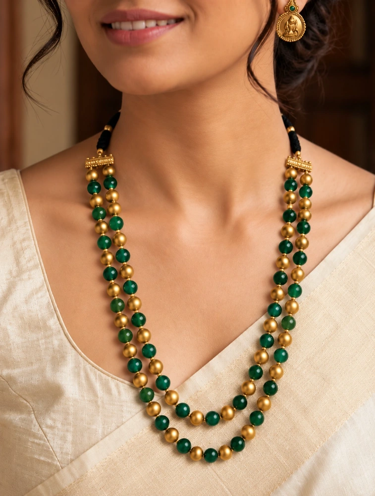 Gold and Green Terracotta Beaded Necklace Set