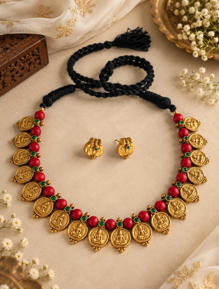 Gold and Red Bead Terracotta Jewellery Set